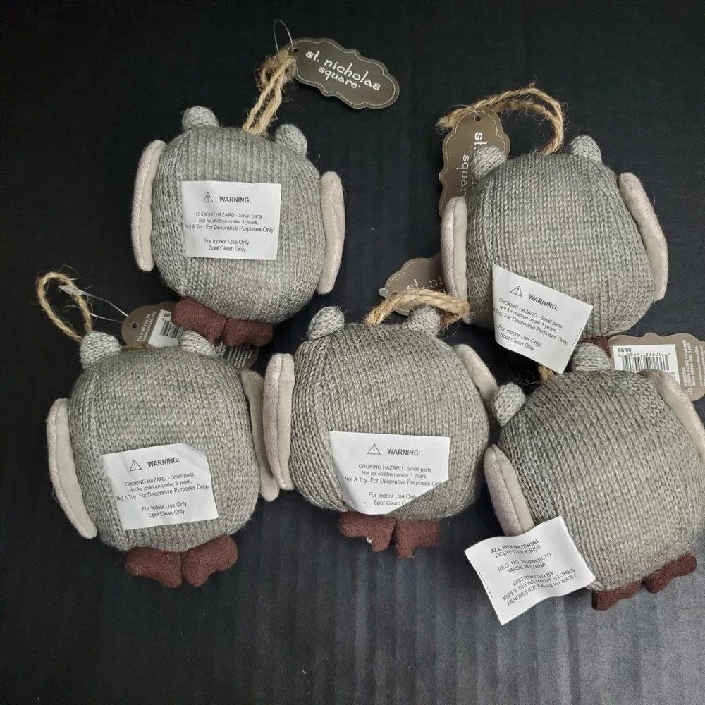 Gray Sweater Knit Owl Plush Ornaments Set Of 5 Stuffed 3.5